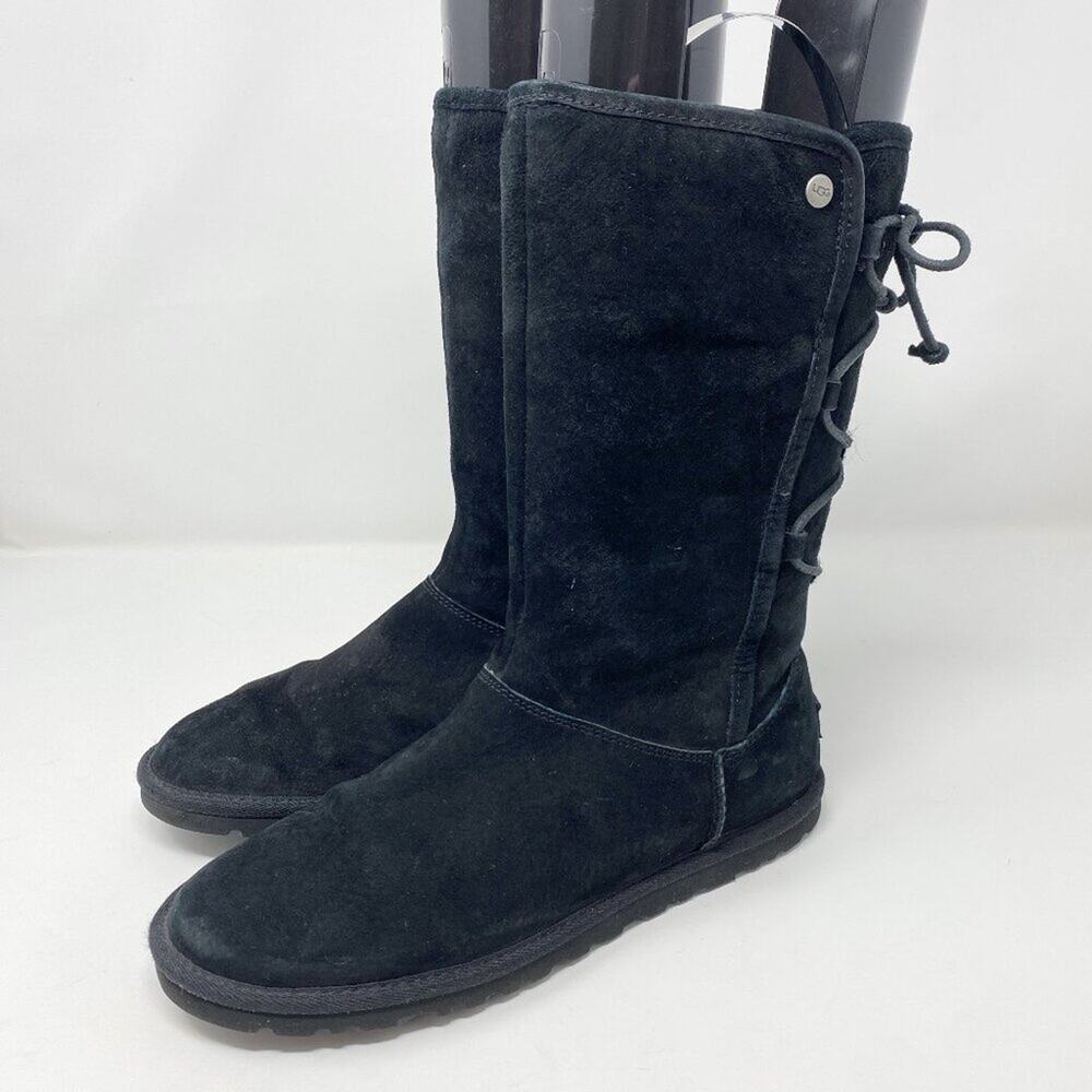 Ugg Black Suede Tasman Flat Boots Women's Size 8 Lace Up Back Shearling Footbed